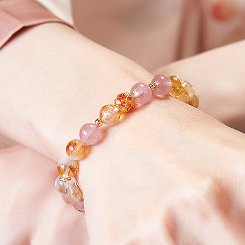 Fortune Jewel 999 Sterling Silver Citrine Strawberry Quartz White Crystal Protection Bracelet