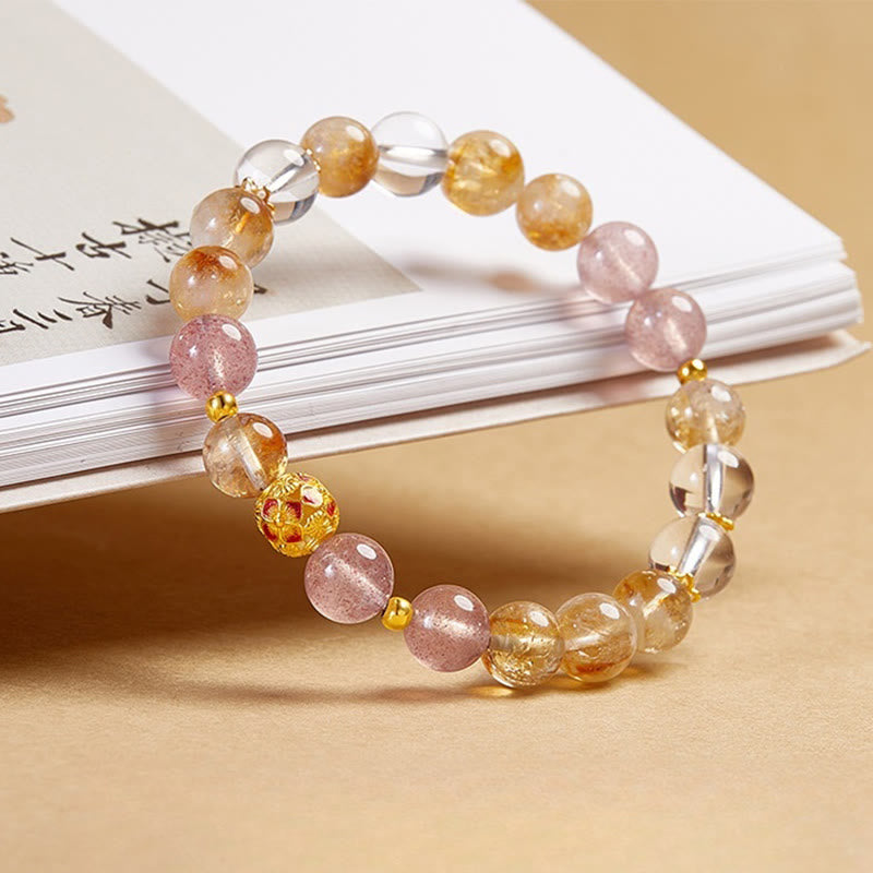 Fortune Jewel 999 Sterling Silver Citrine Strawberry Quartz White Crystal Protection Bracelet