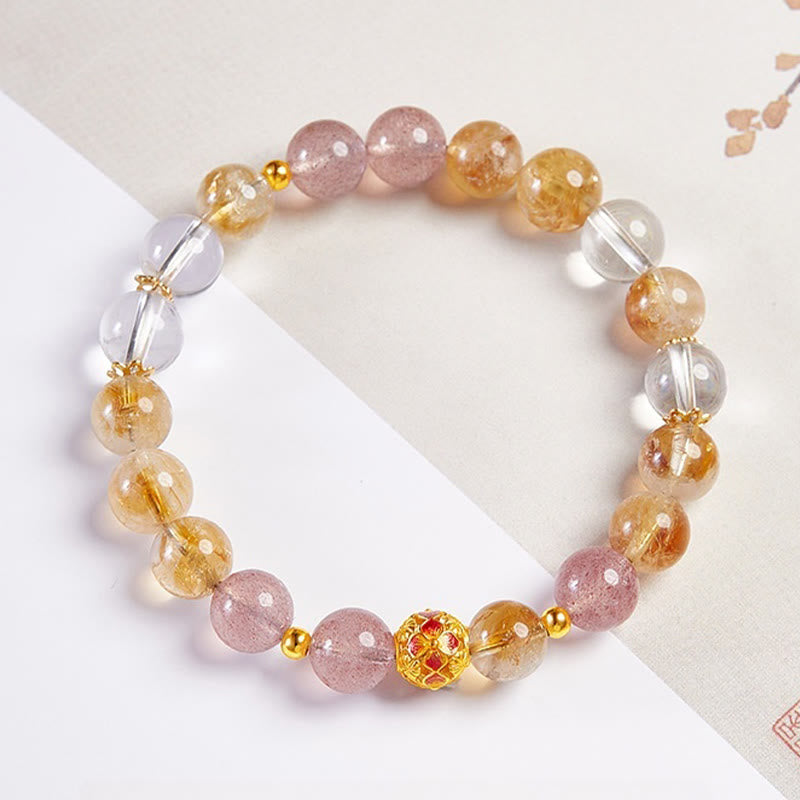 Fortune Jewel 999 Sterling Silver Citrine Strawberry Quartz White Crystal Protection Bracelet
