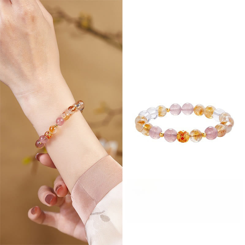 Fortune Jewel 999 Sterling Silver Citrine Strawberry Quartz White Crystal Protection Bracelet