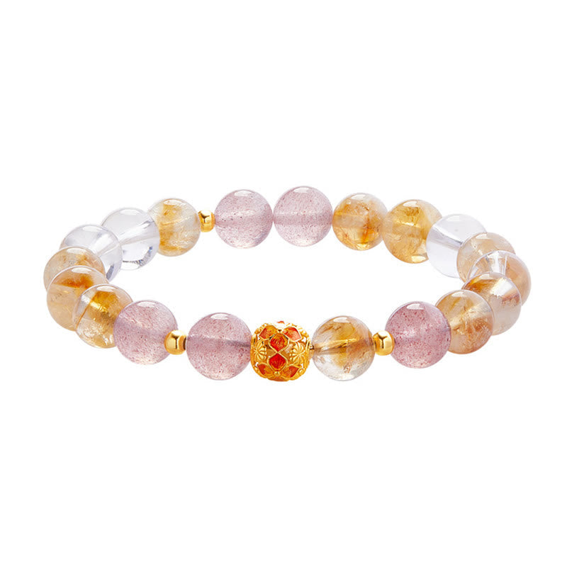 Fortune Jewel 999 Sterling Silver Citrine Strawberry Quartz White Crystal Protection Bracelet