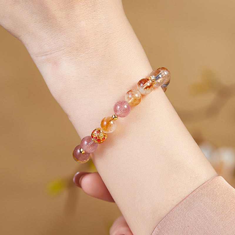 Fortune Jewel 999 Sterling Silver Citrine Strawberry Quartz White Crystal Protection Bracelet