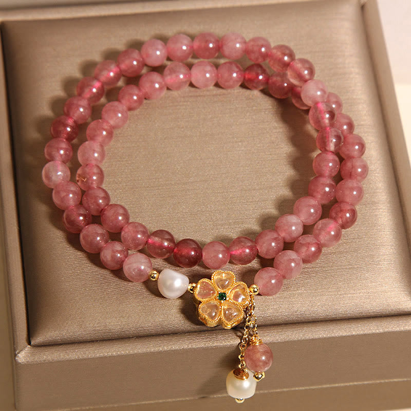 Fortune Jewel Strawberry Quartz Four Leaf Clover Double Wrap Design Positive Bracelet