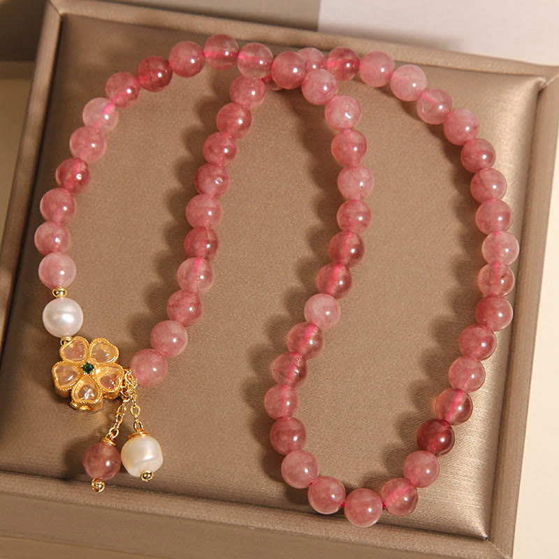 Fortune Jewel Strawberry Quartz Four Leaf Clover Double Wrap Design Positive Bracelet
