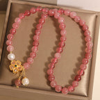 Fortune Jewel Strawberry Quartz Four Leaf Clover Double Wrap Design Positive Bracelet
