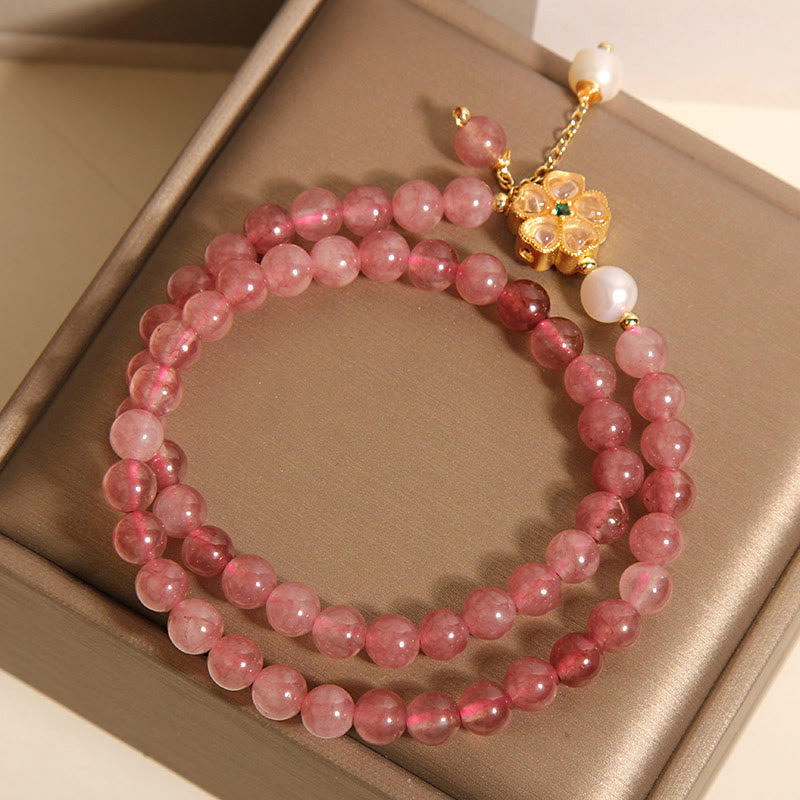 Fortune Jewel Strawberry Quartz Four Leaf Clover Double Wrap Design Positive Bracelet