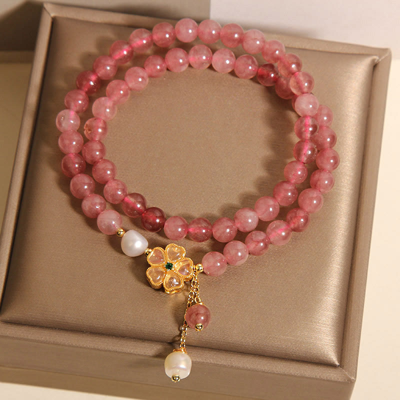 Fortune Jewel Strawberry Quartz Four Leaf Clover Double Wrap Design Positive Bracelet