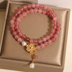 Fortune Jewel Strawberry Quartz Four Leaf Clover Double Wrap Design Positive Bracelet