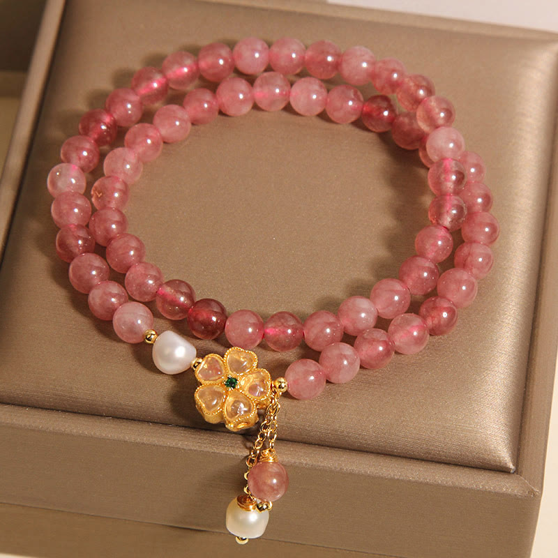 Fortune Jewel Strawberry Quartz Four Leaf Clover Double Wrap Design Positive Bracelet