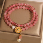 Fortune Jewel Strawberry Quartz Four Leaf Clover Double Wrap Design Positive Bracelet