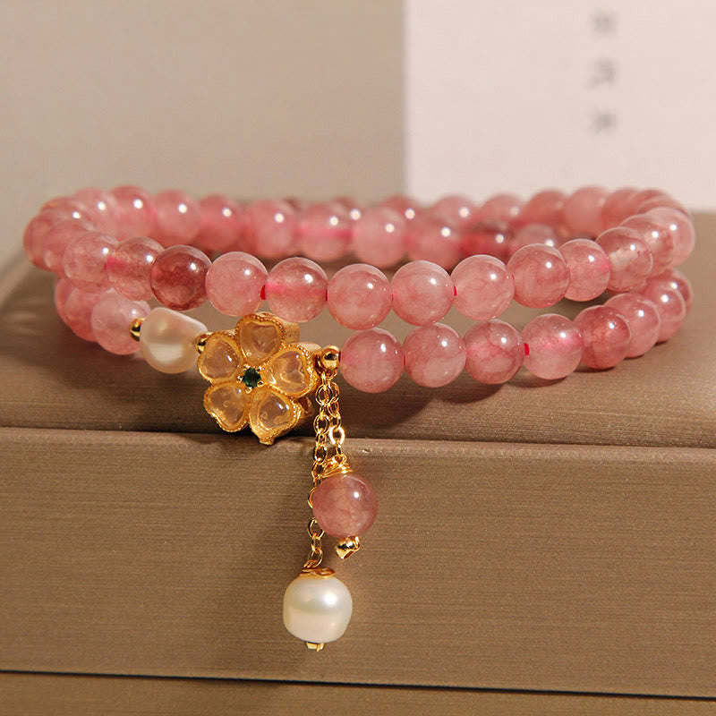 Fortune Jewel Strawberry Quartz Four Leaf Clover Double Wrap Design Positive Bracelet
