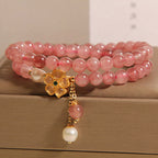 Fortune Jewel Strawberry Quartz Four Leaf Clover Double Wrap Design Positive Bracelet