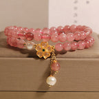 Fortune Jewel Strawberry Quartz Four Leaf Clover Double Wrap Design Positive Bracelet