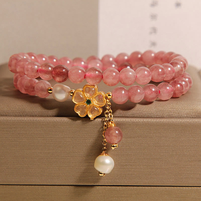 Fortune Jewel Strawberry Quartz Four Leaf Clover Double Wrap Design Positive Bracelet