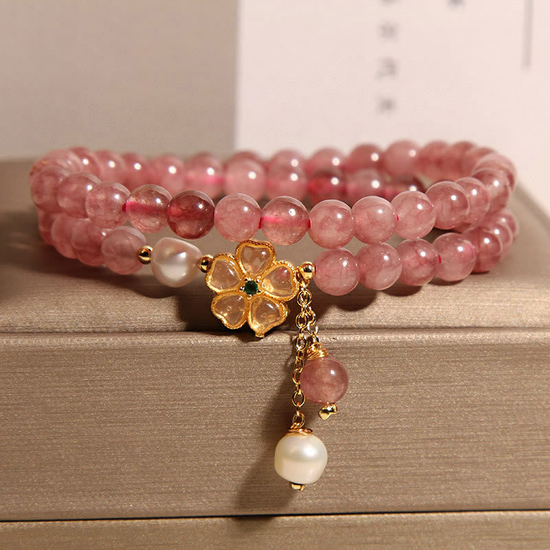 Fortune Jewel Strawberry Quartz Four Leaf Clover Double Wrap Design Positive Bracelet