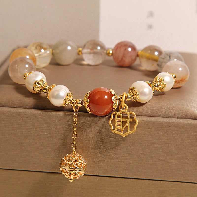 Fortune Jewel Natural Rutilated Quartz Pearl Attract Fortune Wealth Bracelet