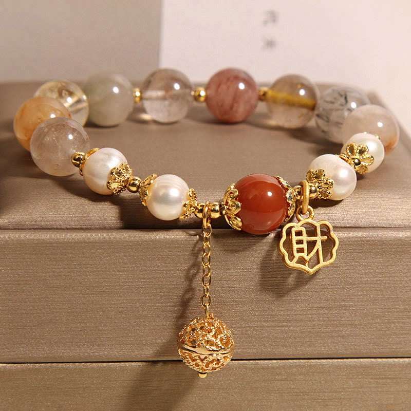 Fortune Jewel Natural Rutilated Quartz Pearl Attract Fortune Wealth Bracelet