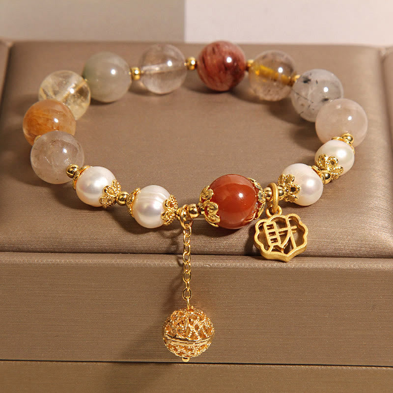 Fortune Jewel Natural Rutilated Quartz Pearl Attract Fortune Wealth Bracelet