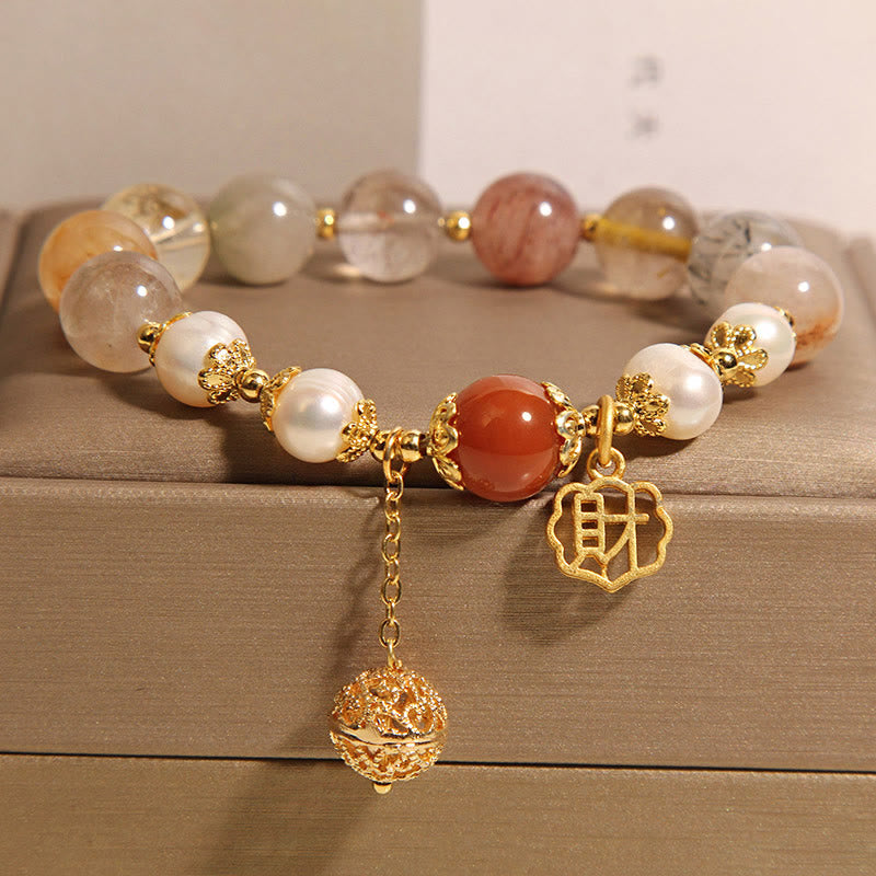 Fortune Jewel Natural Rutilated Quartz Pearl Attract Fortune Wealth Bracelet