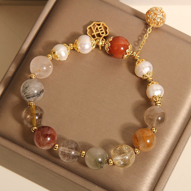 Fortune Jewel Natural Rutilated Quartz Pearl Attract Fortune Wealth Bracelet