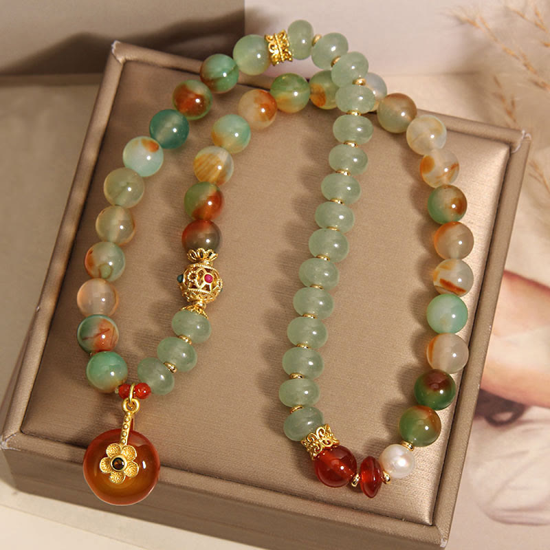 Fortune Jewel Natural Colorful Peacock Agate Flower Peace Buckle Pearl Double Layer Support Bracelet