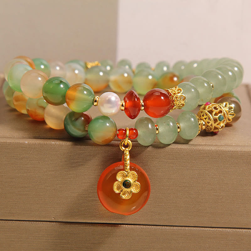 Fortune Jewel Natural Colorful Peacock Agate Flower Peace Buckle Pearl Double Layer Support Bracelet