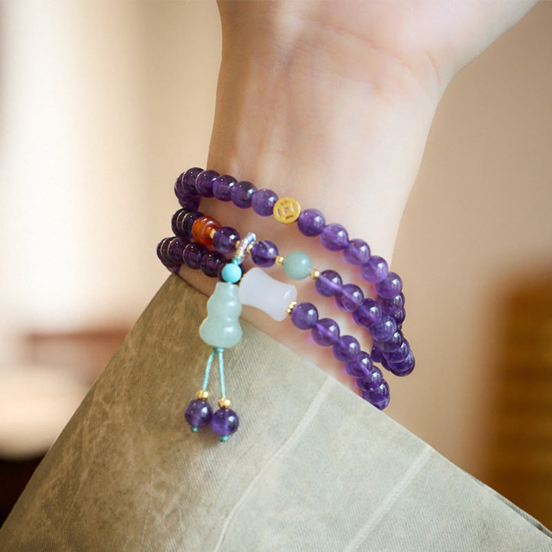 Fortune Jewel Natural Amethyst Beads Coin Hanging Gourd Chalcedony Lotus Balance Multi-layer Bracelet