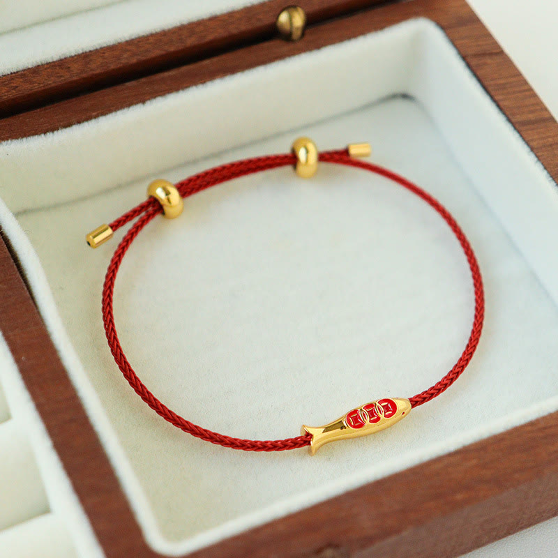 Fortune Jewel Brass Koi Fish Red String Wealth Bracelet