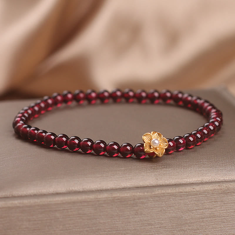 Fortune Jewel Natural 4mm Garnet Beads Flower Passion Bracelet