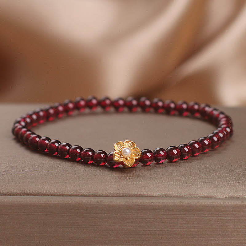 Fortune Jewel Natural 4mm Garnet Beads Flower Passion Bracelet