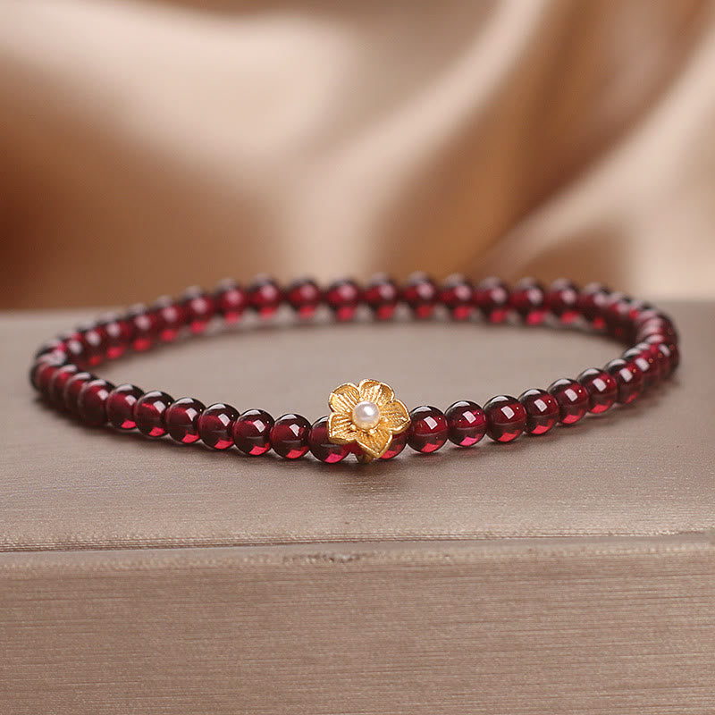 Fortune Jewel Natural 4mm Garnet Beads Flower Passion Bracelet