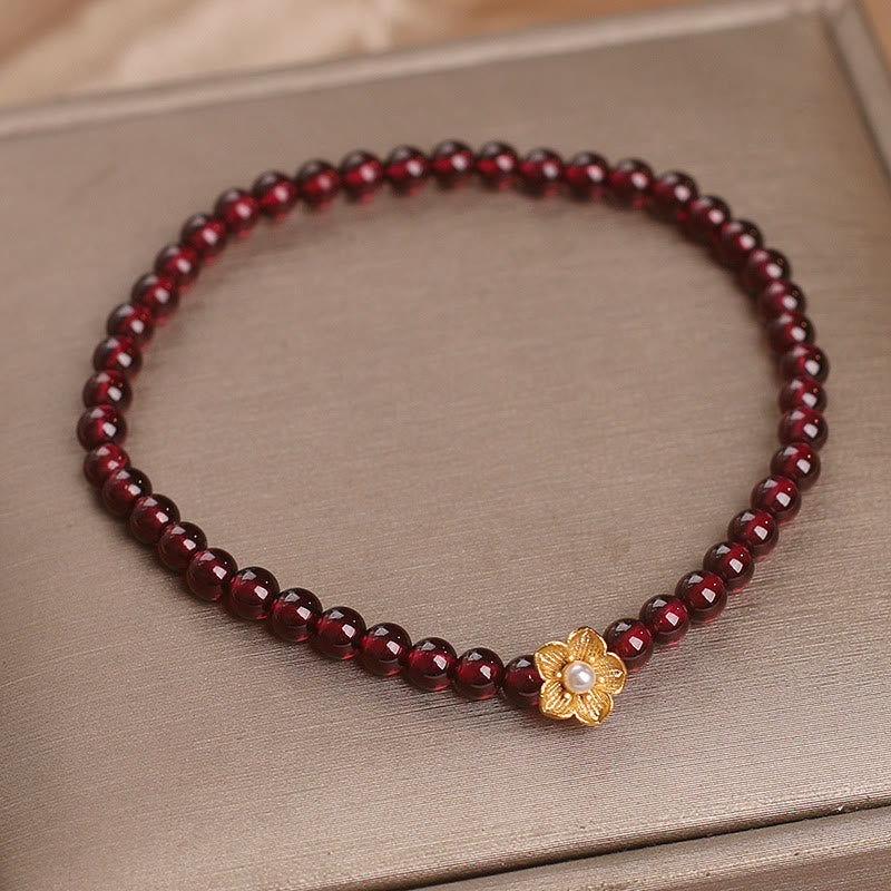 Fortune Jewel Natural 4mm Garnet Beads Flower Passion Bracelet