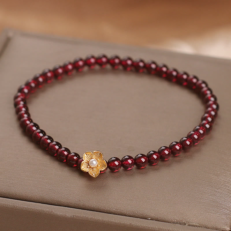 Fortune Jewel Natural 4mm Garnet Beads Flower Passion Bracelet