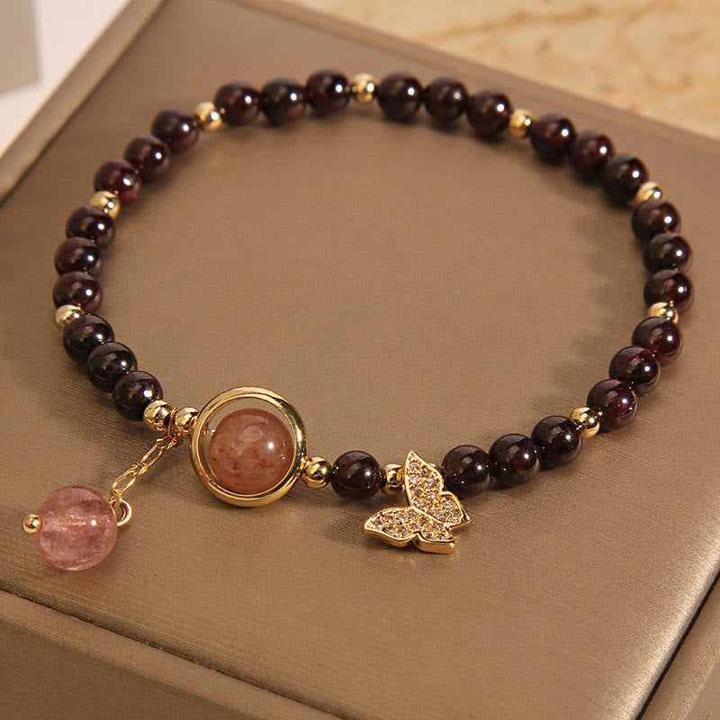 Fortune Jewel Natural 3mm Ultra-thin Garnet Strawberry Quartz Butterfly Calm Bracelet