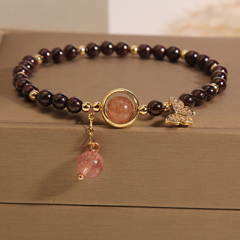 Fortune Jewel Natural 3mm Ultra-thin Garnet Strawberry Quartz Butterfly Calm Bracelet
