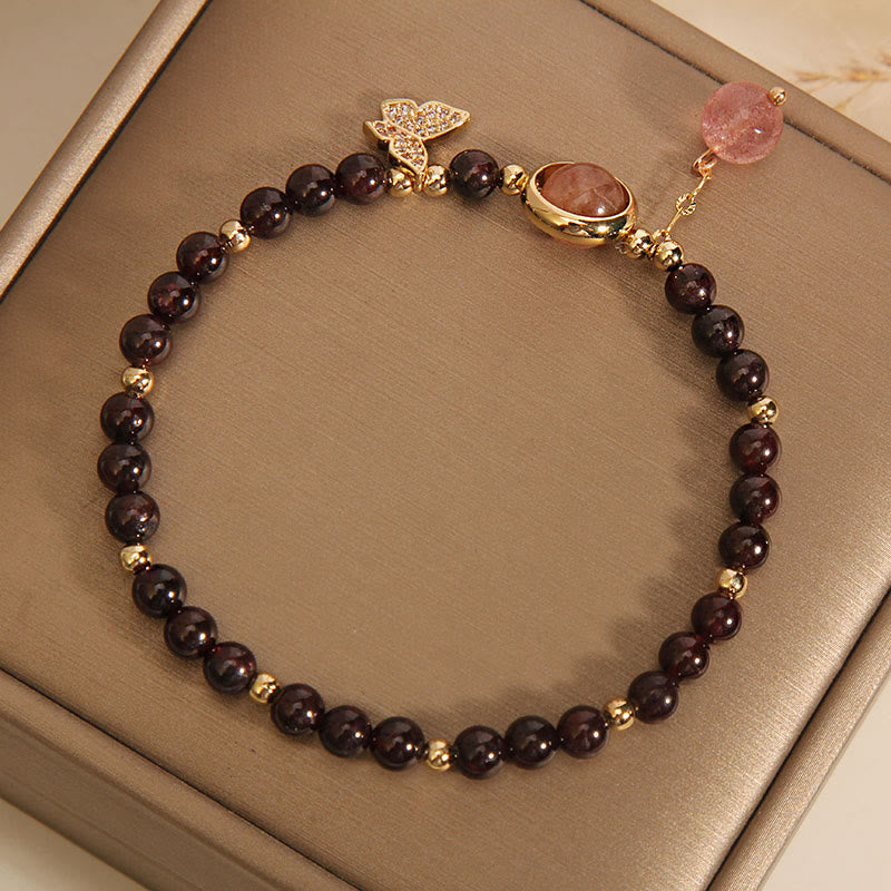 Fortune Jewel Natural 3mm Ultra-thin Garnet Strawberry Quartz Butterfly Calm Bracelet