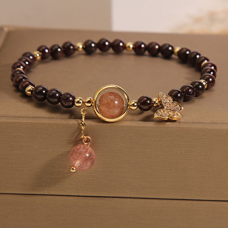 Fortune Jewel Natural 3mm Ultra-thin Garnet Strawberry Quartz Butterfly Calm Bracelet