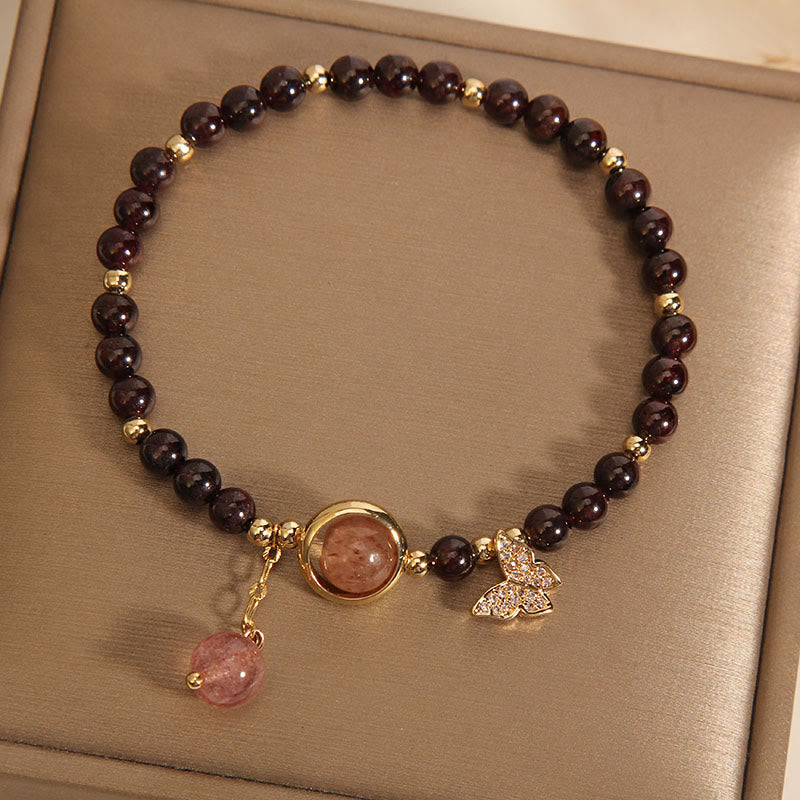 Fortune Jewel Natural 3mm Ultra-thin Garnet Strawberry Quartz Butterfly Calm Bracelet