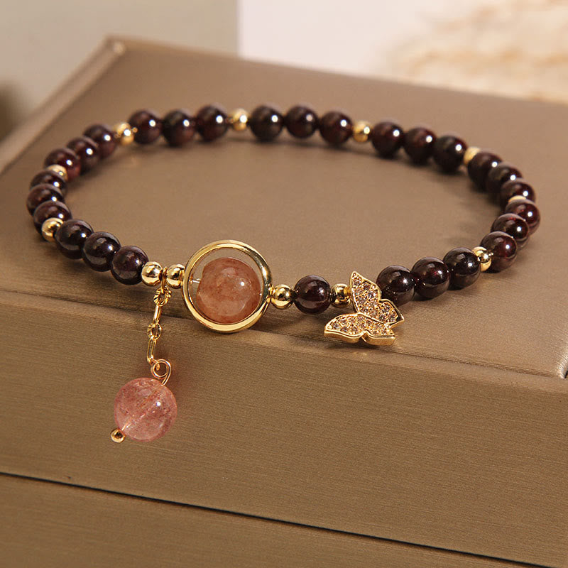Fortune Jewel Natural 3mm Ultra-thin Garnet Strawberry Quartz Butterfly Calm Bracelet