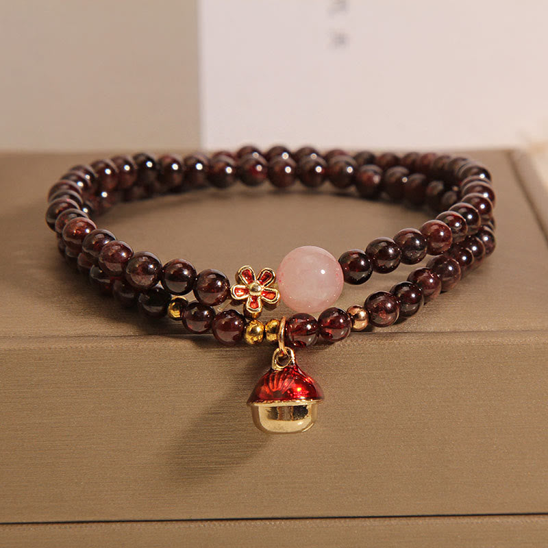 Fortune Jewel Natural 3mm Ultra-thin Garnet Rose Quartz Beads Money Bag Bell Flower Protection Bracelet