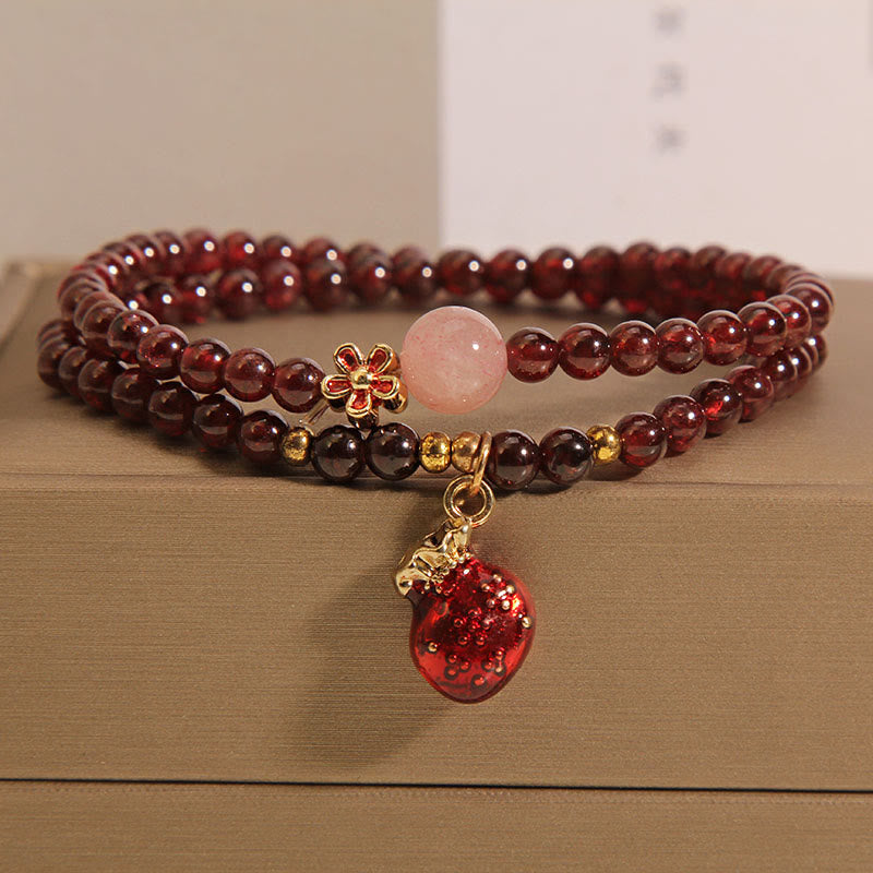 Fortune Jewel Natural 3mm Ultra-thin Garnet Rose Quartz Beads Money Bag Bell Flower Protection Bracelet