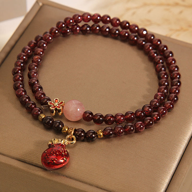 Fortune Jewel Natural 3mm Ultra-thin Garnet Rose Quartz Beads Money Bag Bell Flower Protection Bracelet