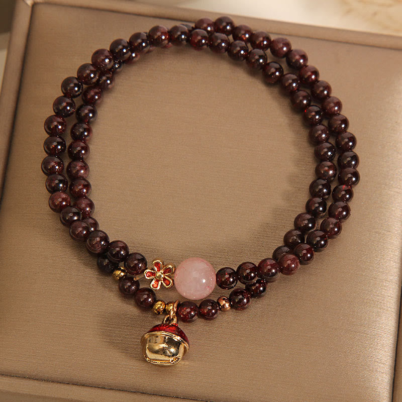 Fortune Jewel Natural 3mm Ultra-thin Garnet Rose Quartz Beads Money Bag Bell Flower Protection Bracelet