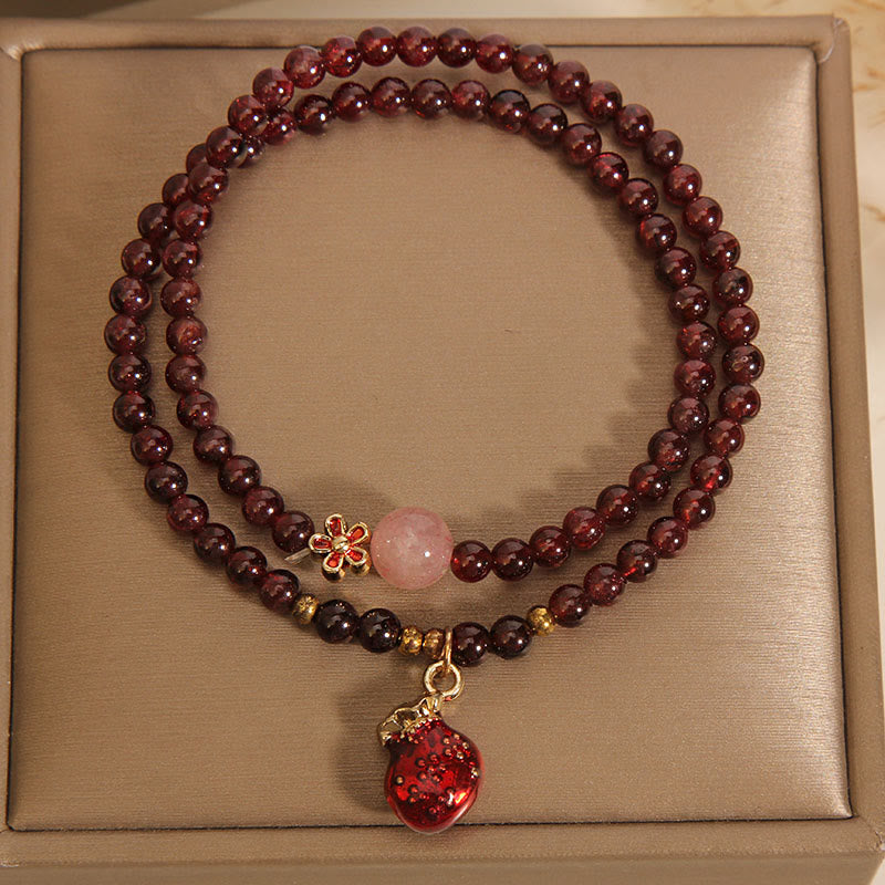 Fortune Jewel Natural 3mm Ultra-thin Garnet Rose Quartz Beads Money Bag Bell Flower Protection Bracelet