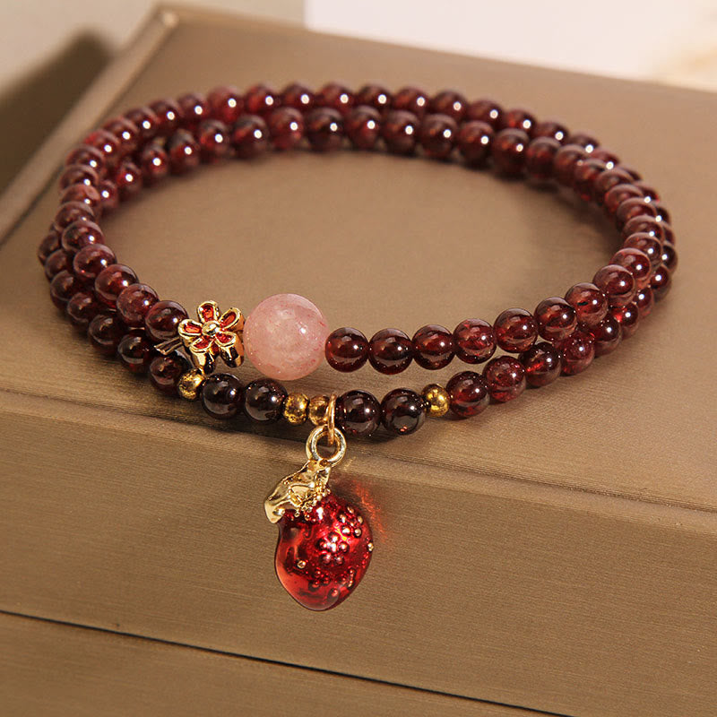 Fortune Jewel Natural 3mm Ultra-thin Garnet Rose Quartz Beads Money Bag Bell Flower Protection Bracelet