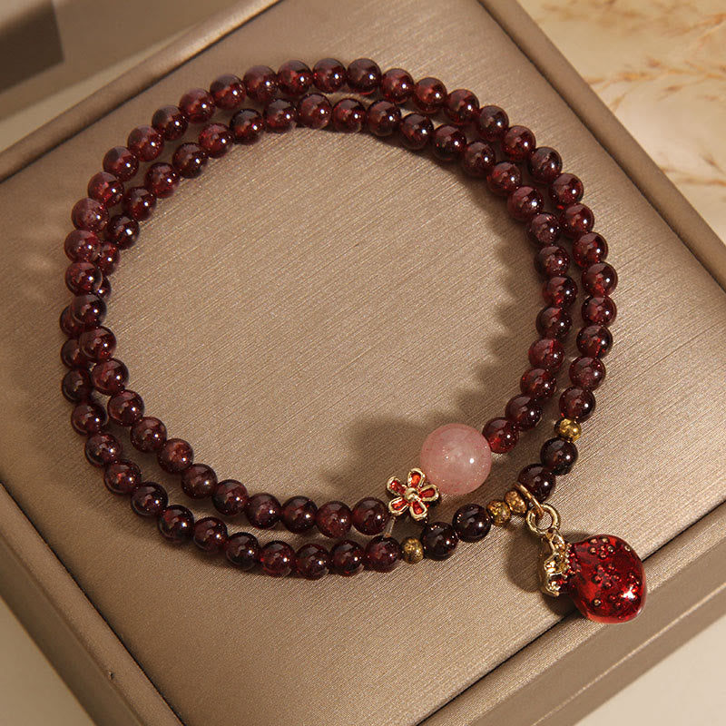 Fortune Jewel Natural 3mm Ultra-thin Garnet Rose Quartz Beads Money Bag Bell Flower Protection Bracelet