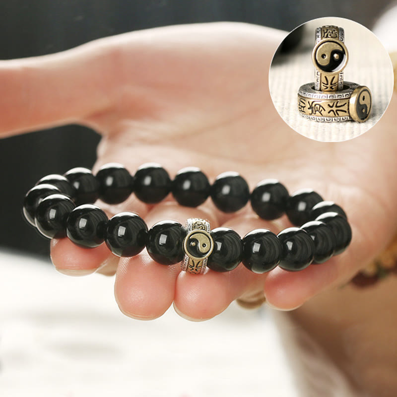 Fortune Jewel Black Obsidian Yin Yang Nine-Character Mantra Fulfilment Bracelet