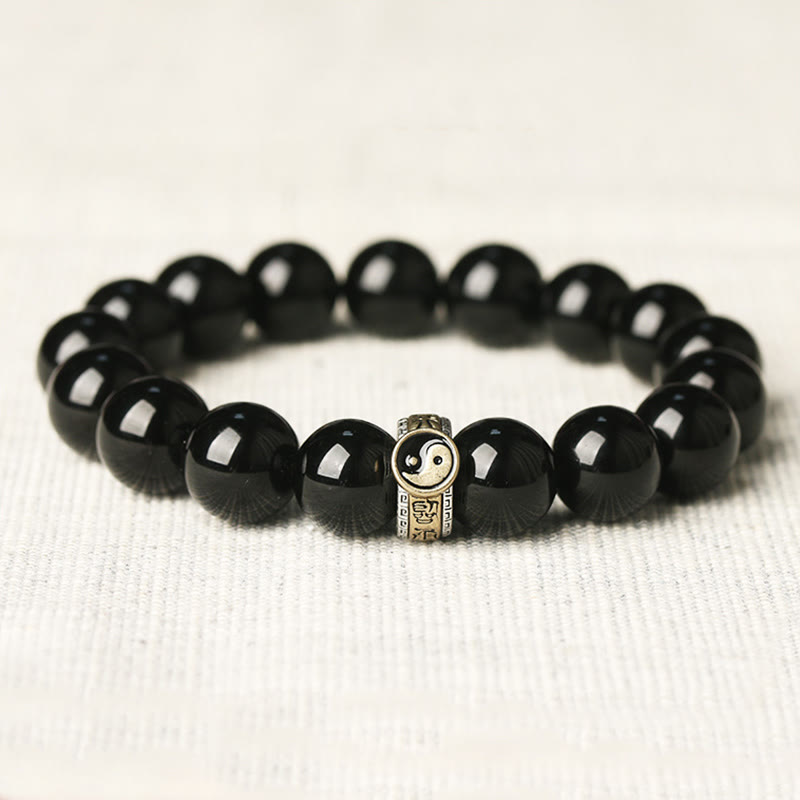 Fortune Jewel Black Obsidian Yin Yang Nine-Character Mantra Fulfilment Bracelet