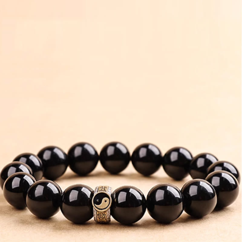 Fortune Jewel Black Obsidian Yin Yang Nine-Character Mantra Fulfilment Bracelet