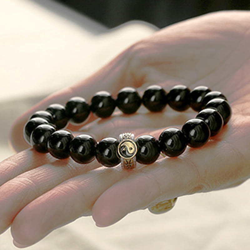 Fortune Jewel Black Obsidian Yin Yang Nine-Character Mantra Fulfilment Bracelet